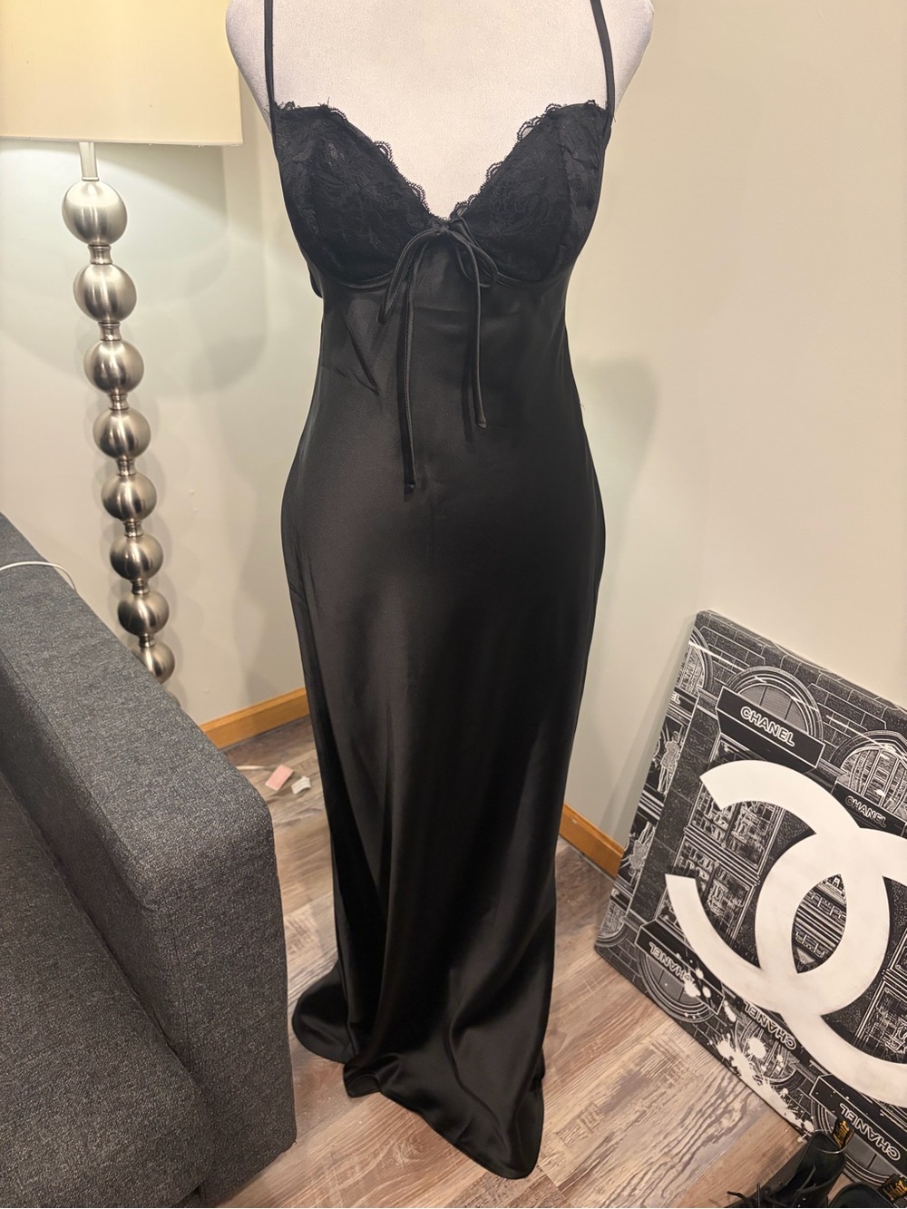 Princess Polly Black Satin Lace-Trim Long Chemise Size 6 - Picture 2 of 11